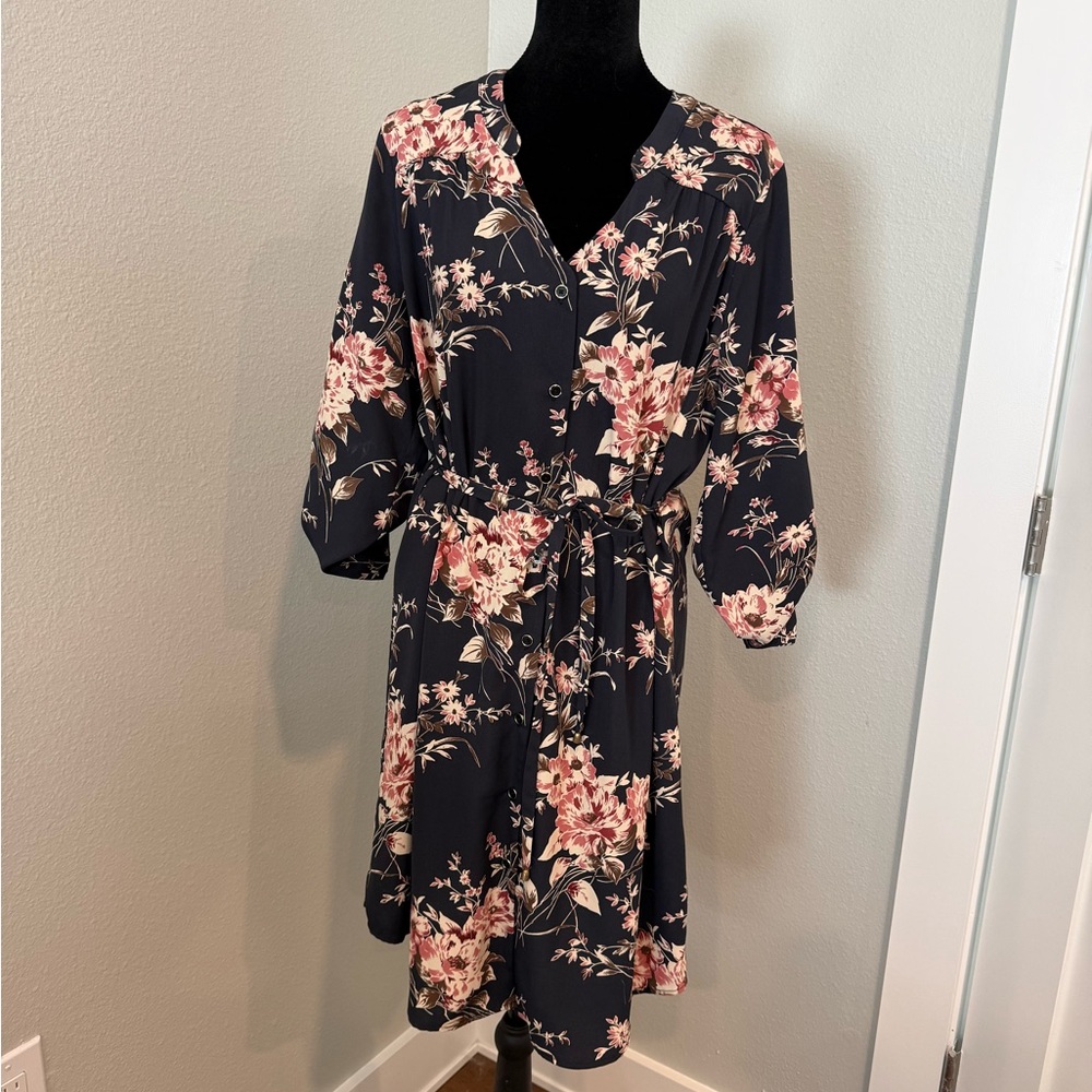 41 Hawthorn Navy Blue Midi Dress with Pink Floral Print